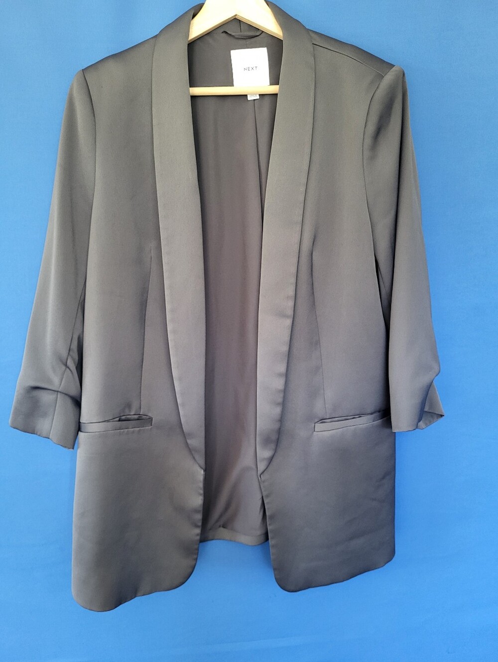 Next Size 12 Open Blazer Rouched Sleeve Black Charcoal Subtle Shine